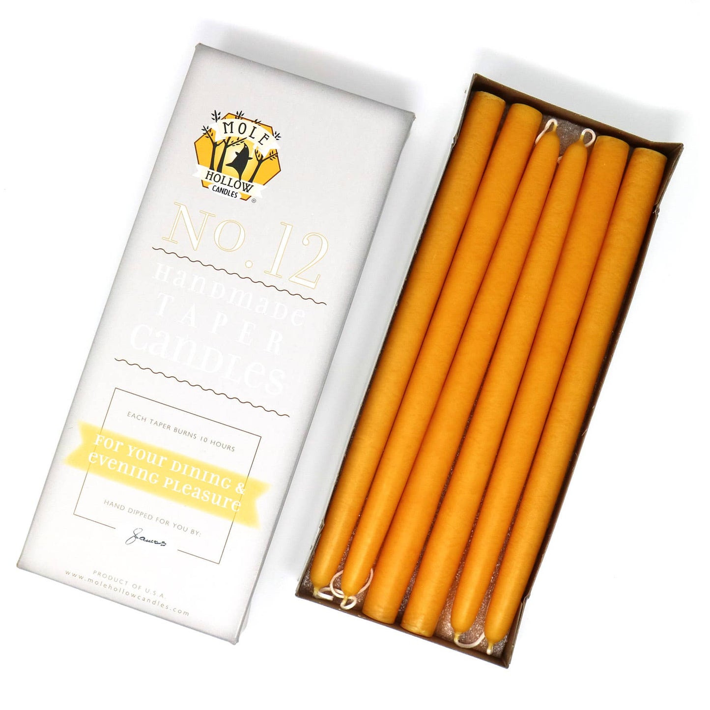 Mole Hollow Hand Dipped Unscented Taper Candles 12"