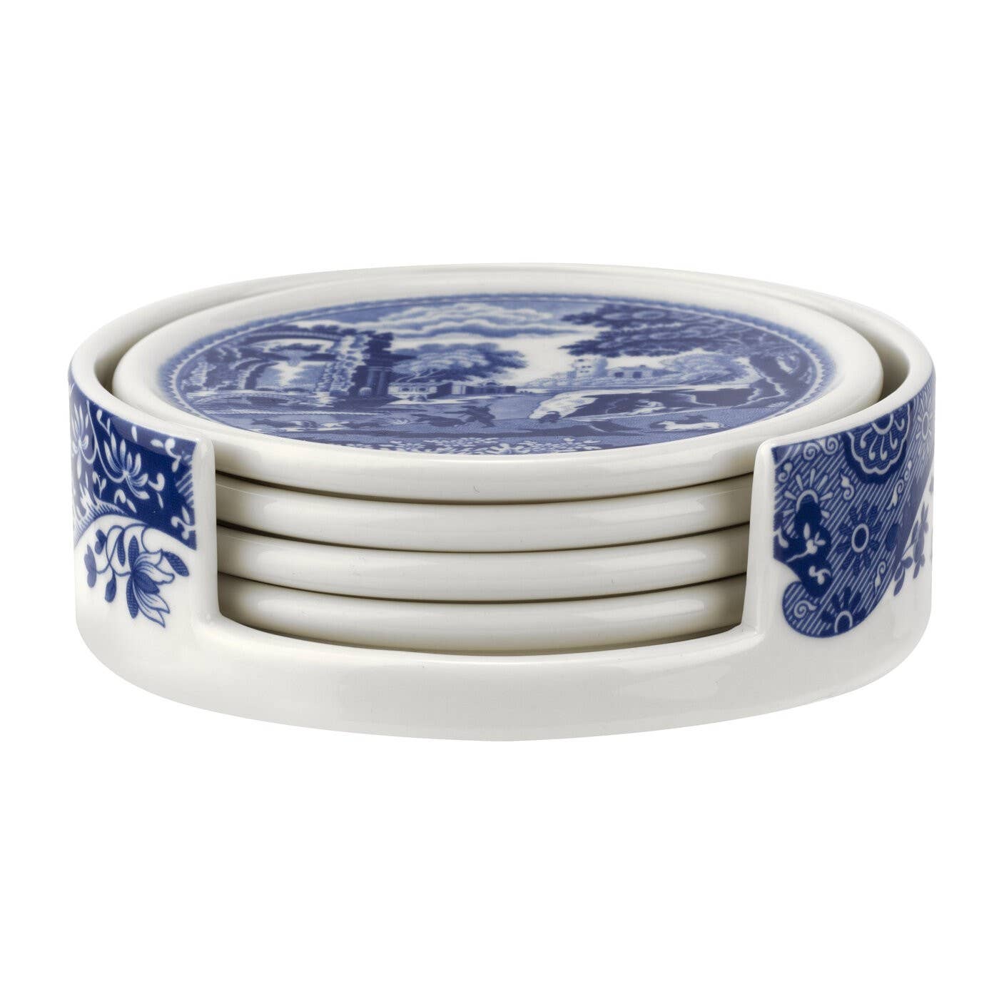 Spode Blue Italian 4-Piece Ceramic Coasters with Holder