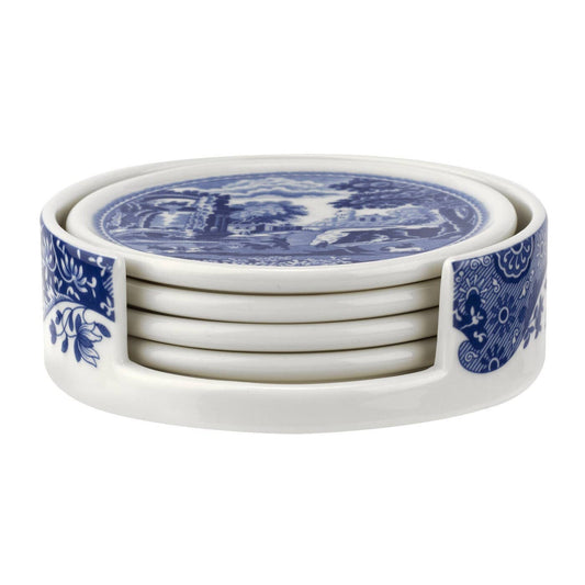 Spode Blue Italian 4-Piece Ceramic Coasters with Holder
