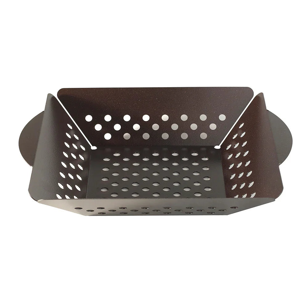 rectangular brown metal grill basket with perforated holes and handles on both sides