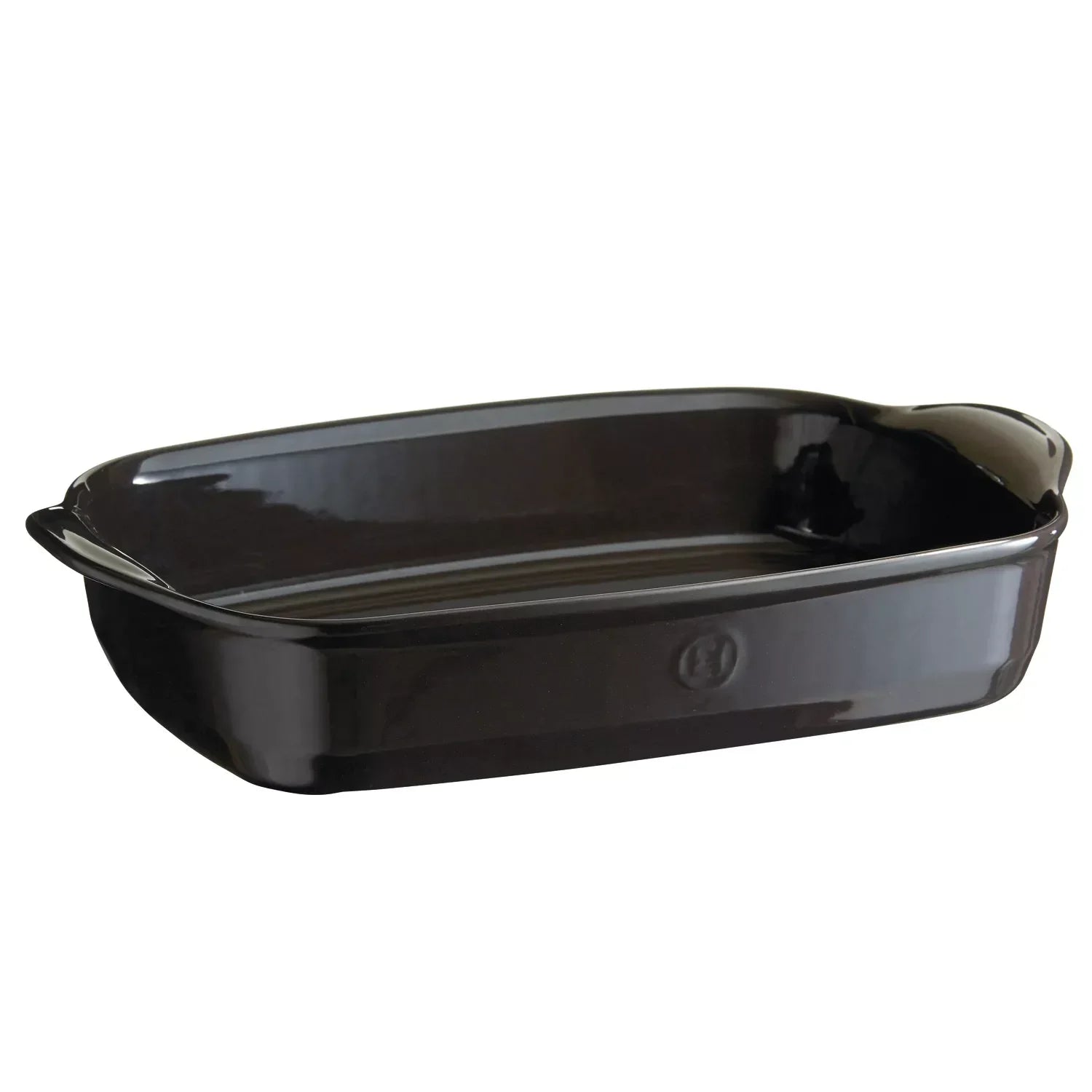Black ceramic rectangular baking dish with handles on white background
