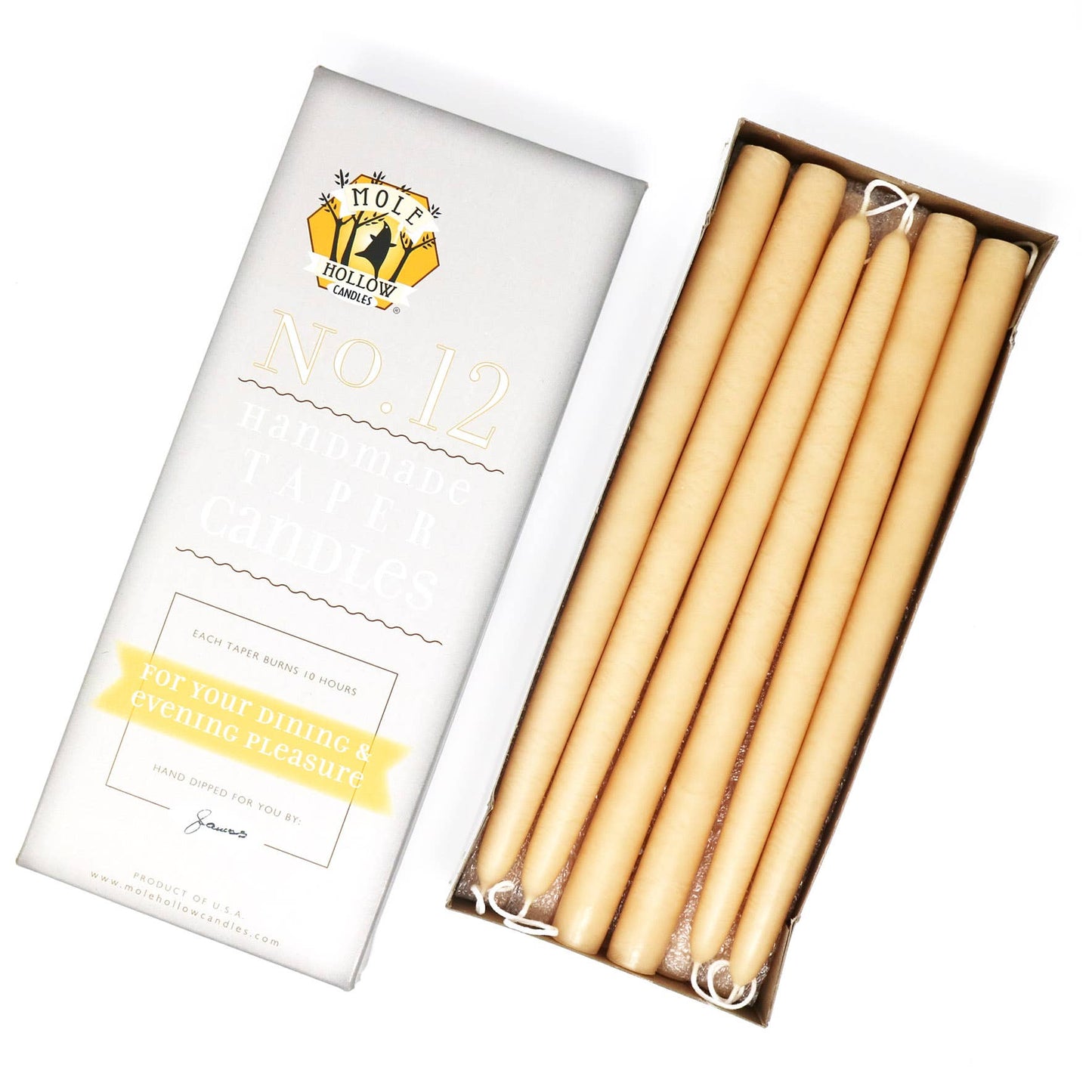 Mole Hollow Hand Dipped Unscented Taper Candles 12"