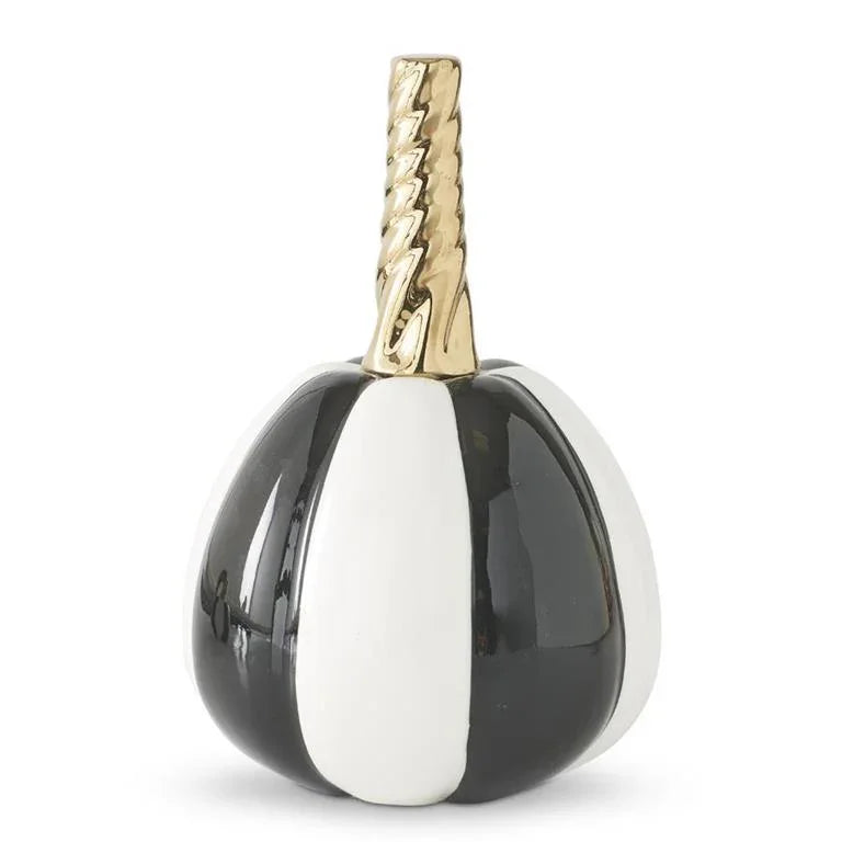 White & Black Striped Ceramic Pumpkin 7.25" - Marcel’s Culinary Experience
