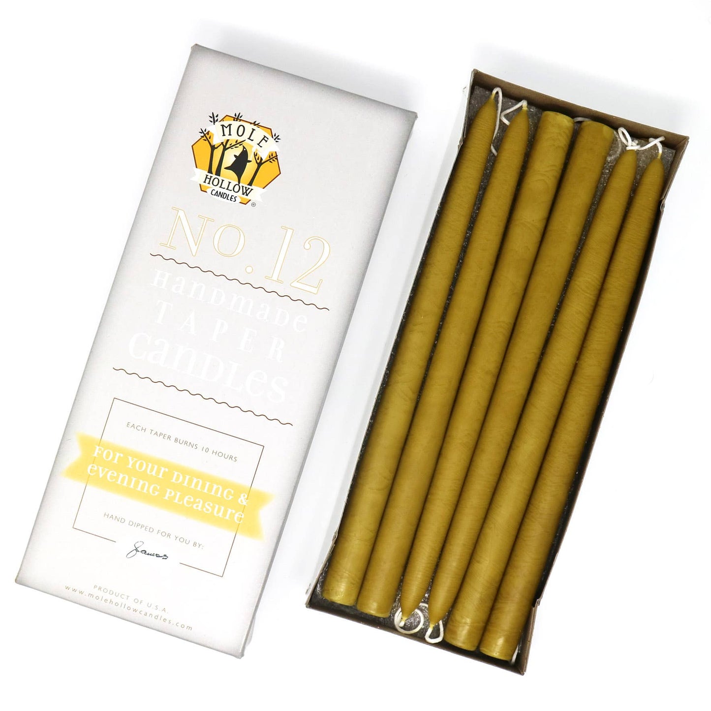 Mole Hollow Hand Dipped Unscented Taper Candles 12"