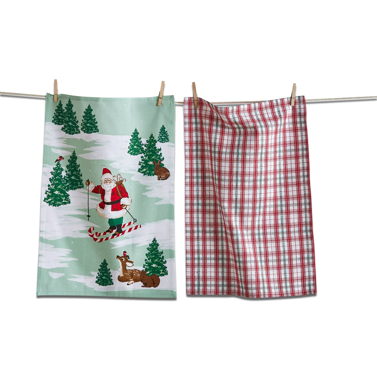 Skiing Santa Dishtowel Set of 2 Multi Cotton Christmas