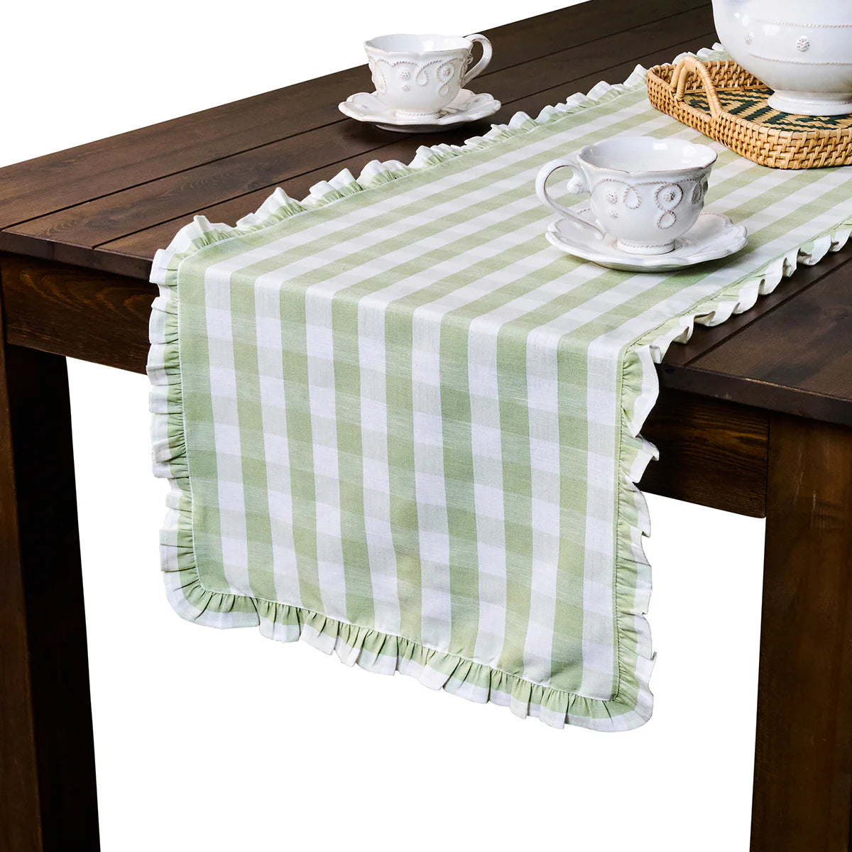 Juliska Gingham Ruffle Table Runner - Seagrass 18" x 90"