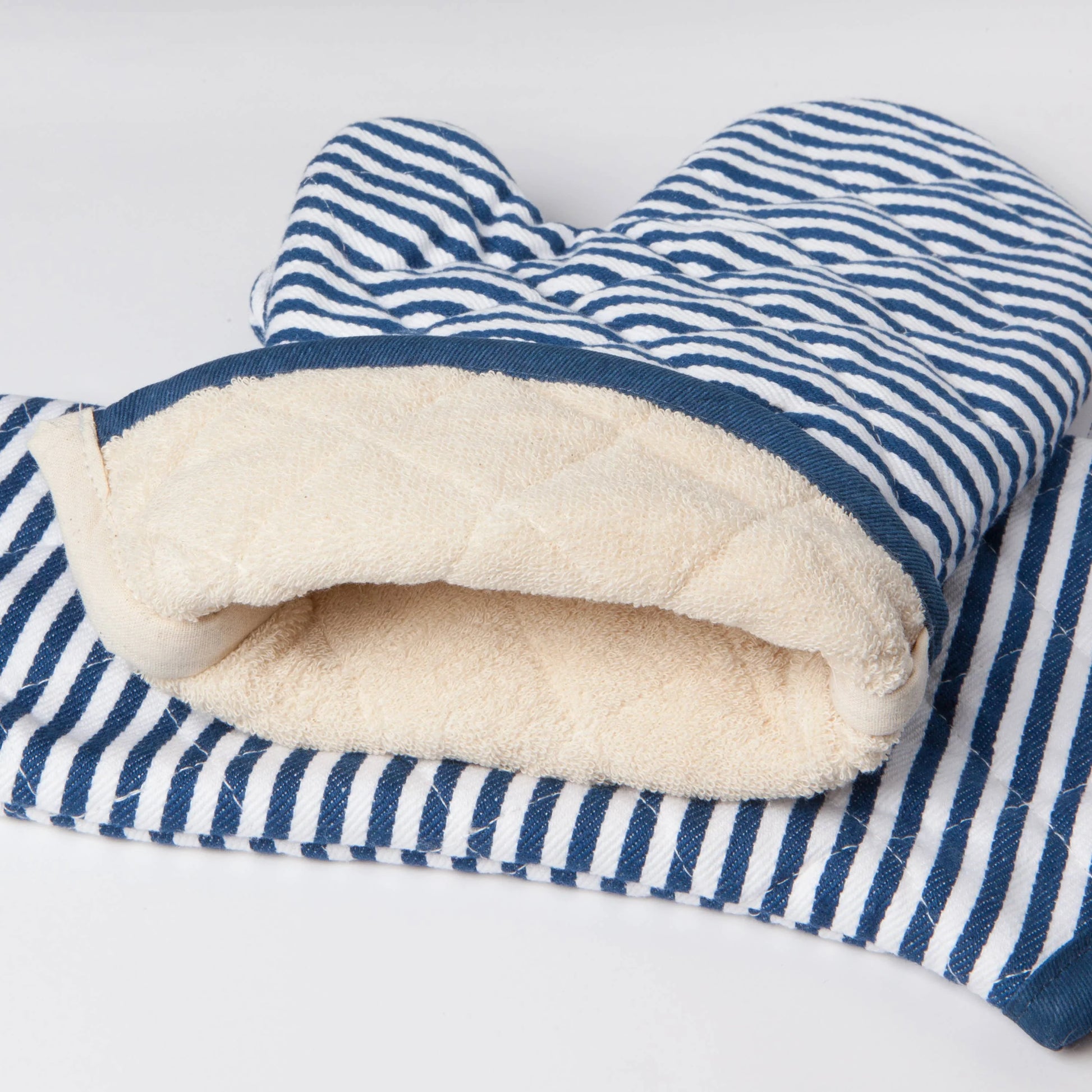 Superior Royal Blue Narrow Stripe Oven Mitt - Marcel’s Culinary Experience