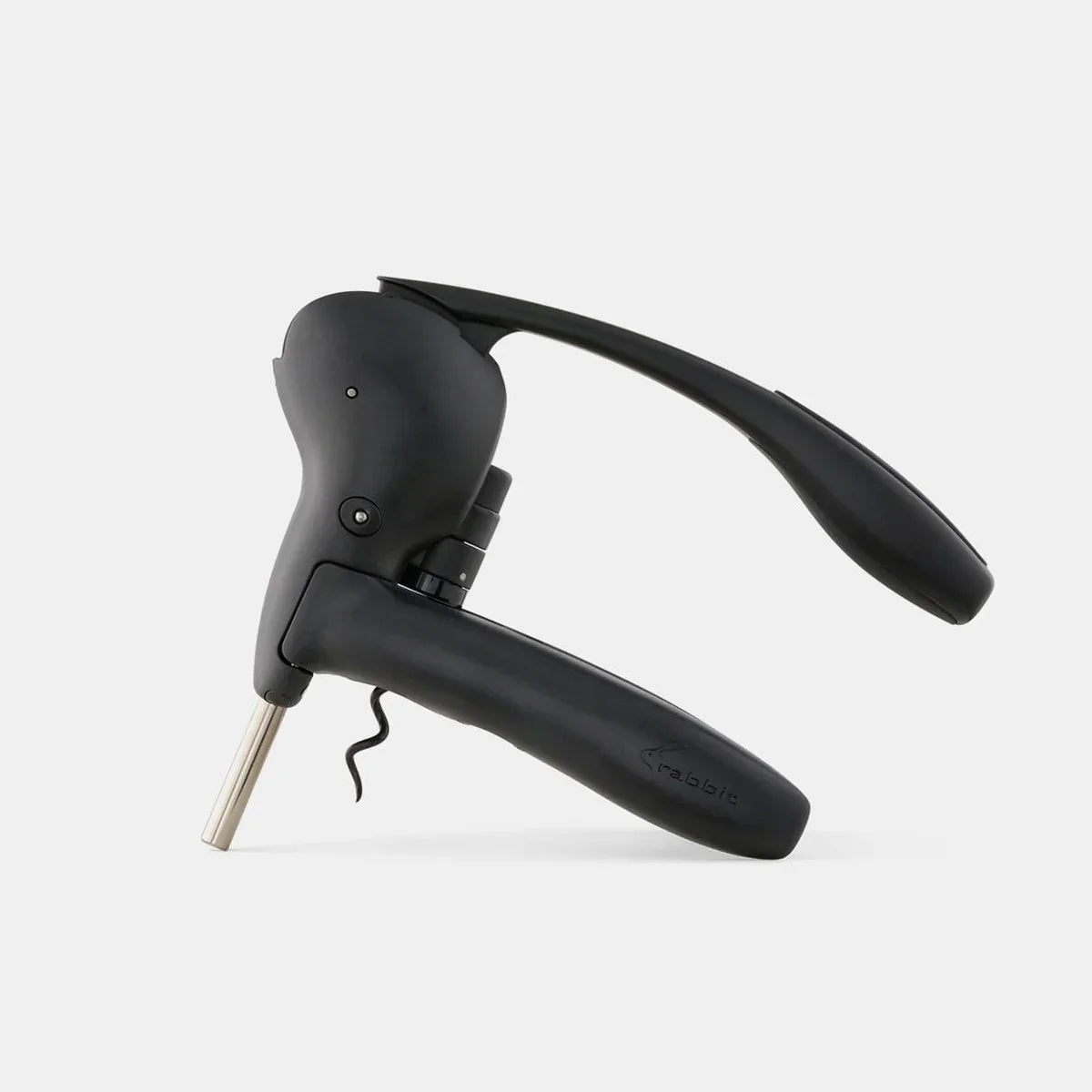 Black lever corkscrew wine opener with ergonomic handle and metal screw