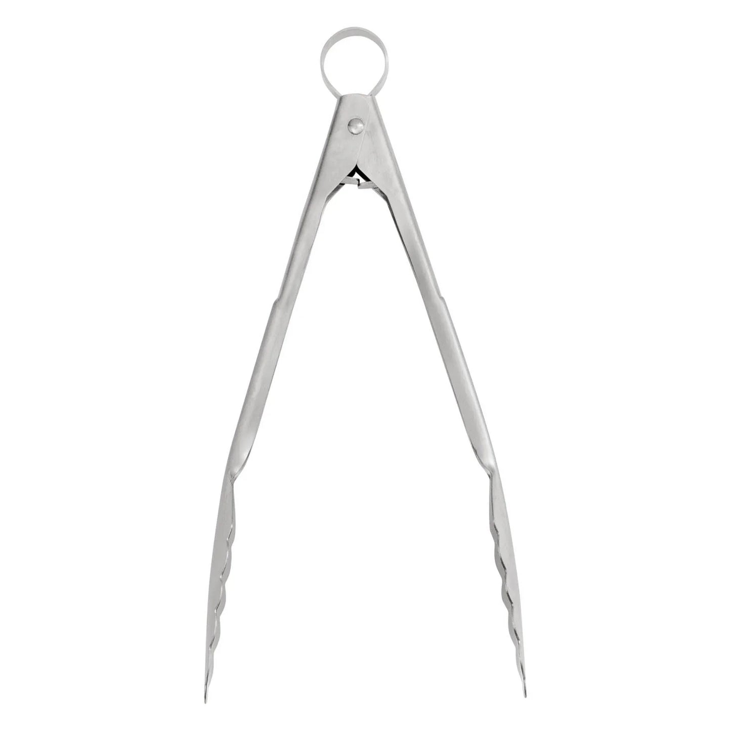 Stainless steel kitchen tongs with scalloped gripping edges and locking ring