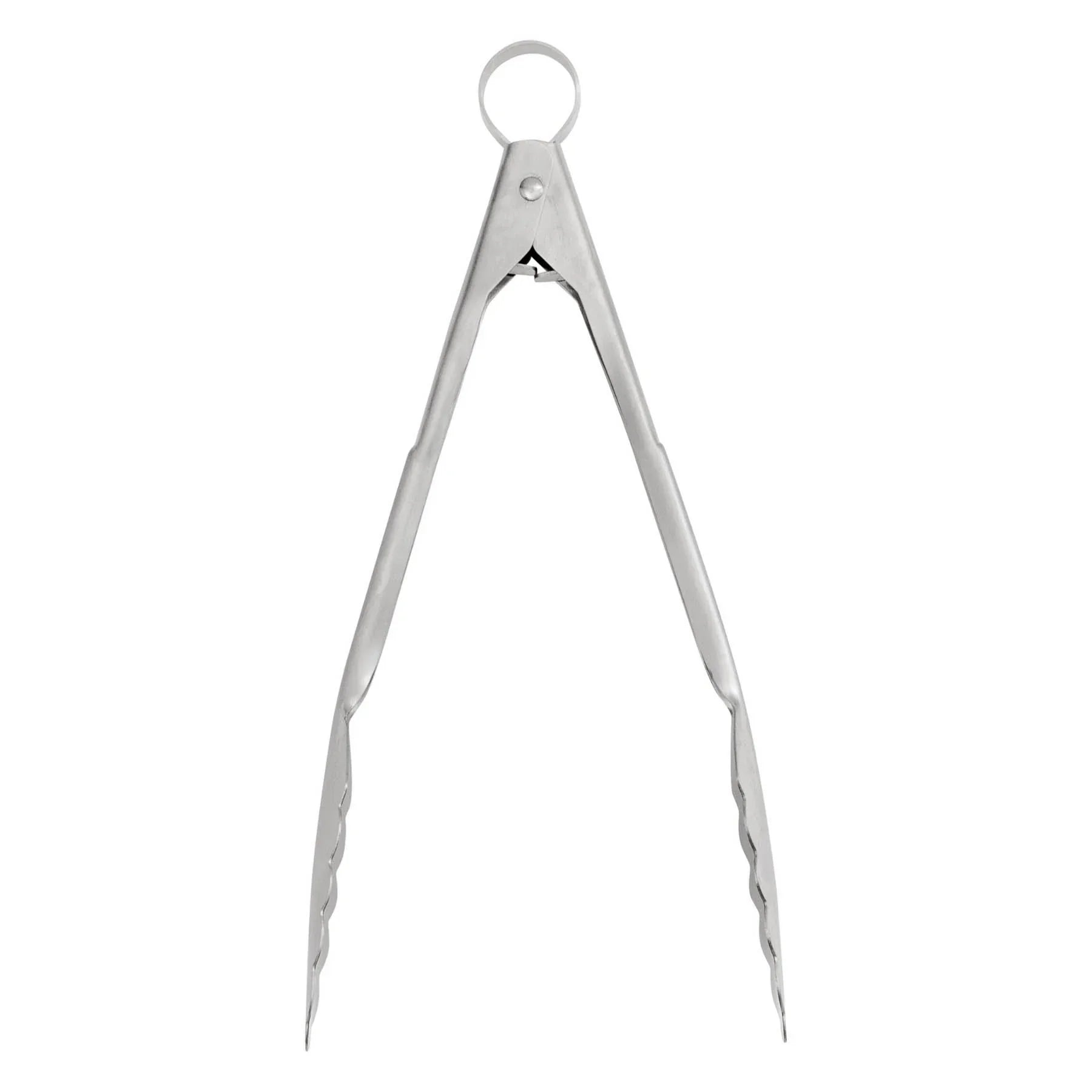 Stainless steel kitchen tongs with scalloped gripping edges and locking ring