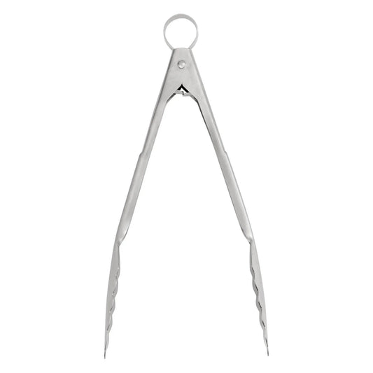 Stainless steel kitchen tongs with scalloped gripping edges and locking ring