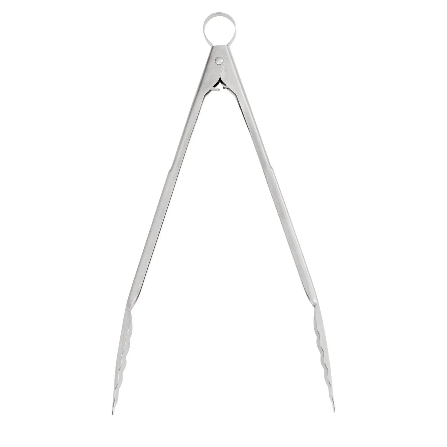 Silver stainless steel kitchen tongs with scalloped edges on a white background