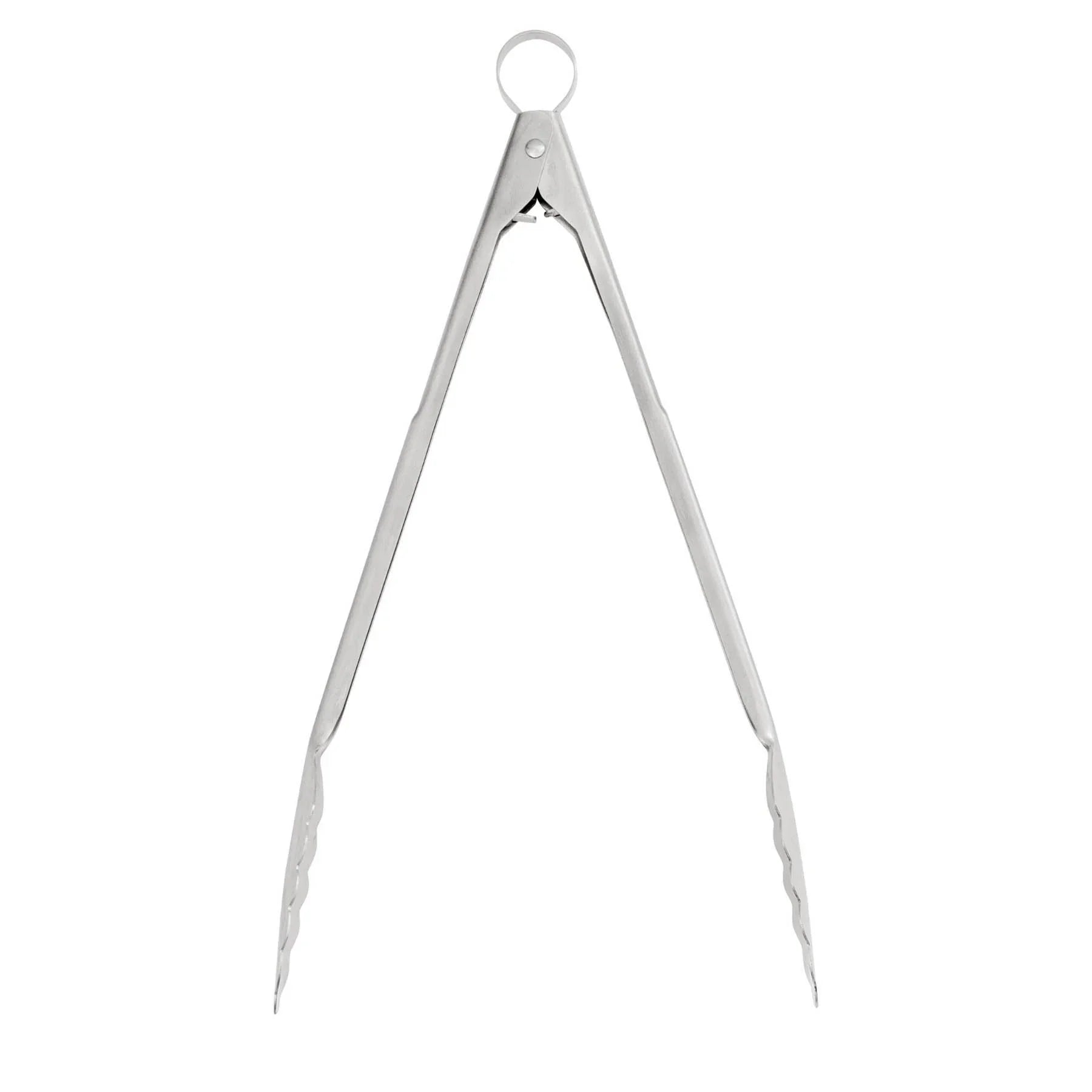 Silver stainless steel kitchen tongs with scalloped edges on a white background