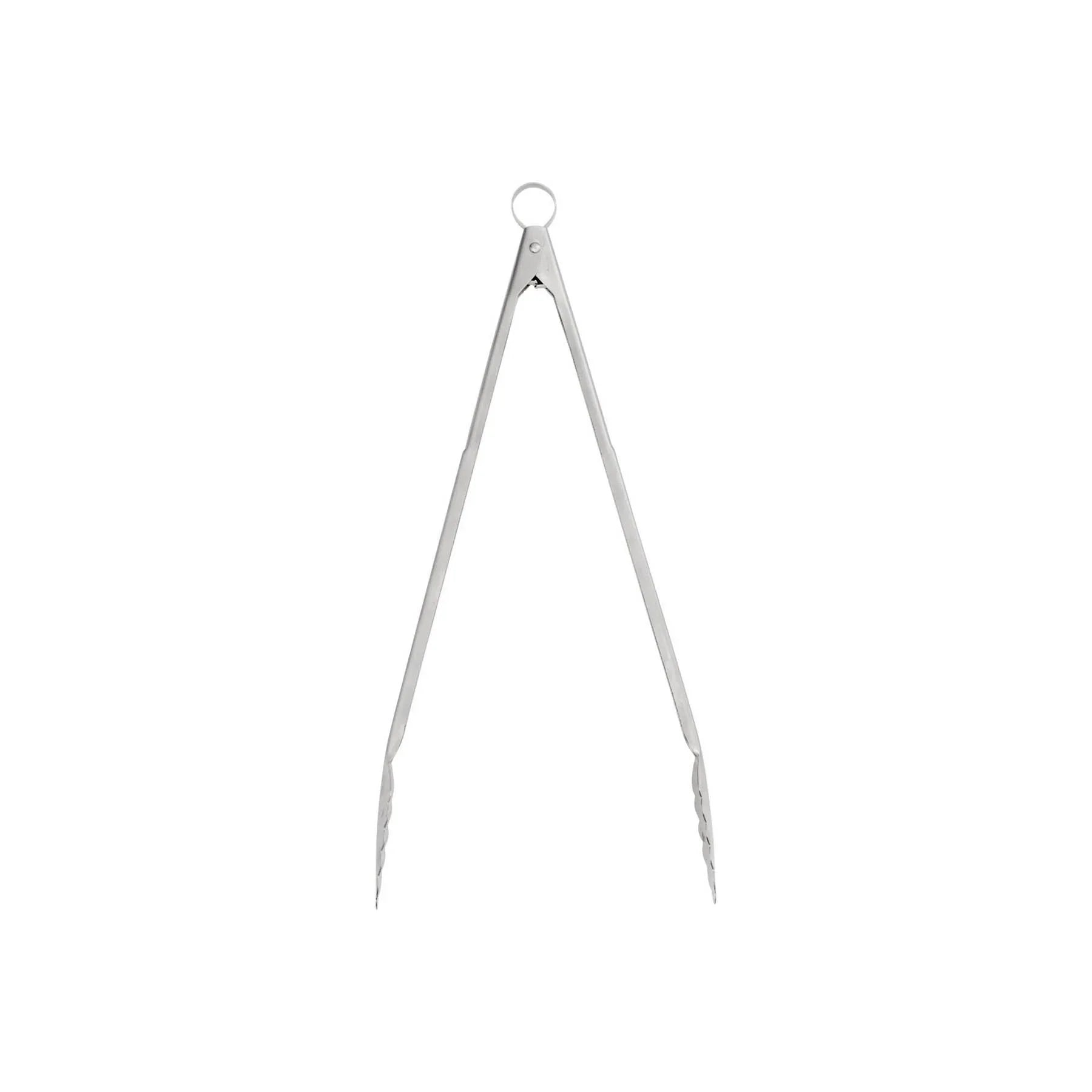 Stainless steel kitchen tongs with scalloped edges and a locking ring on white background