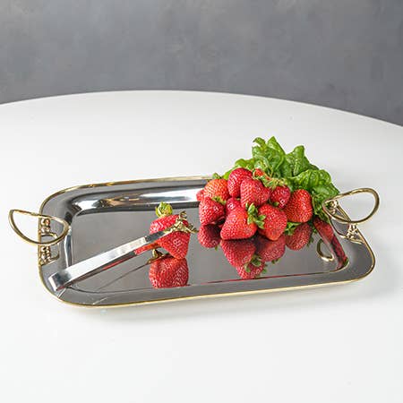 Stainless Steel Serving Tray with Gold Rim, 14.5 × 10.5 in
