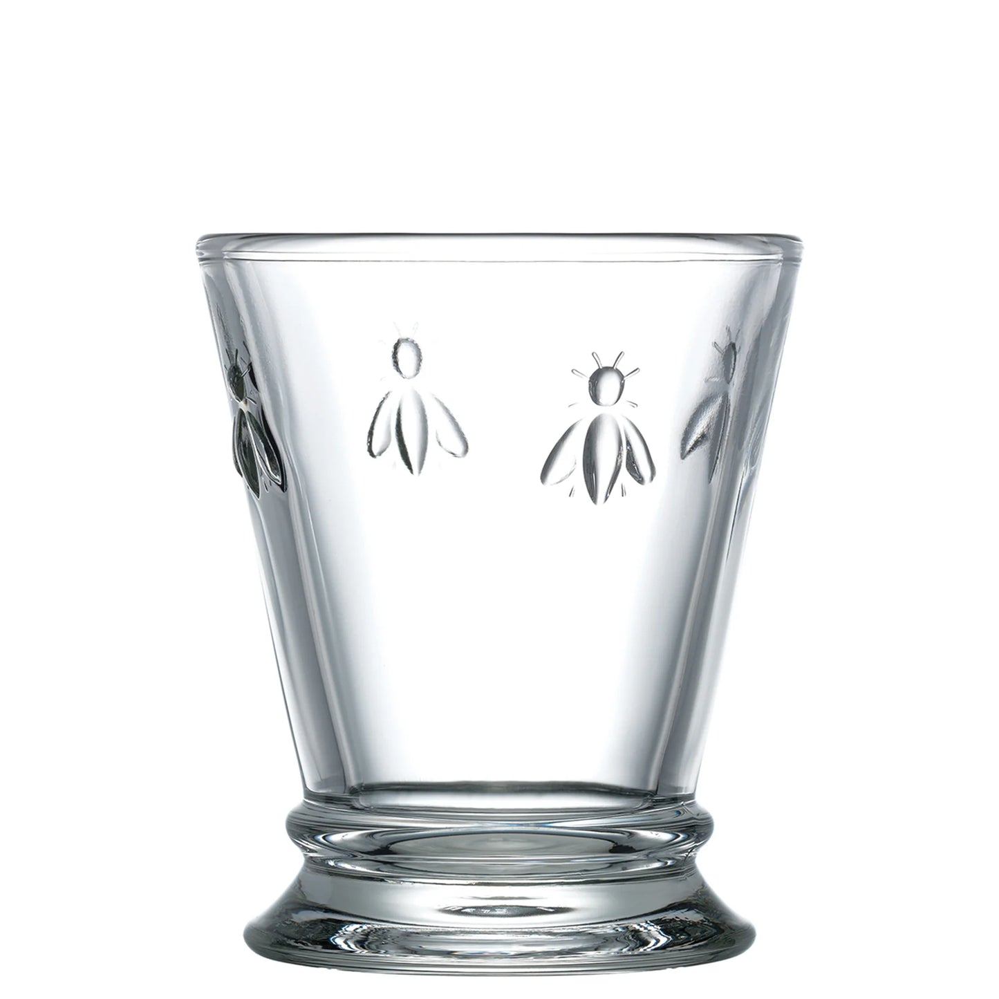Clear glass tumbler with embossed bee designs around the upper part and a flared base