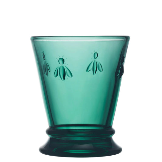 Teal green glass vase with embossed bee motifs and flared base on white background