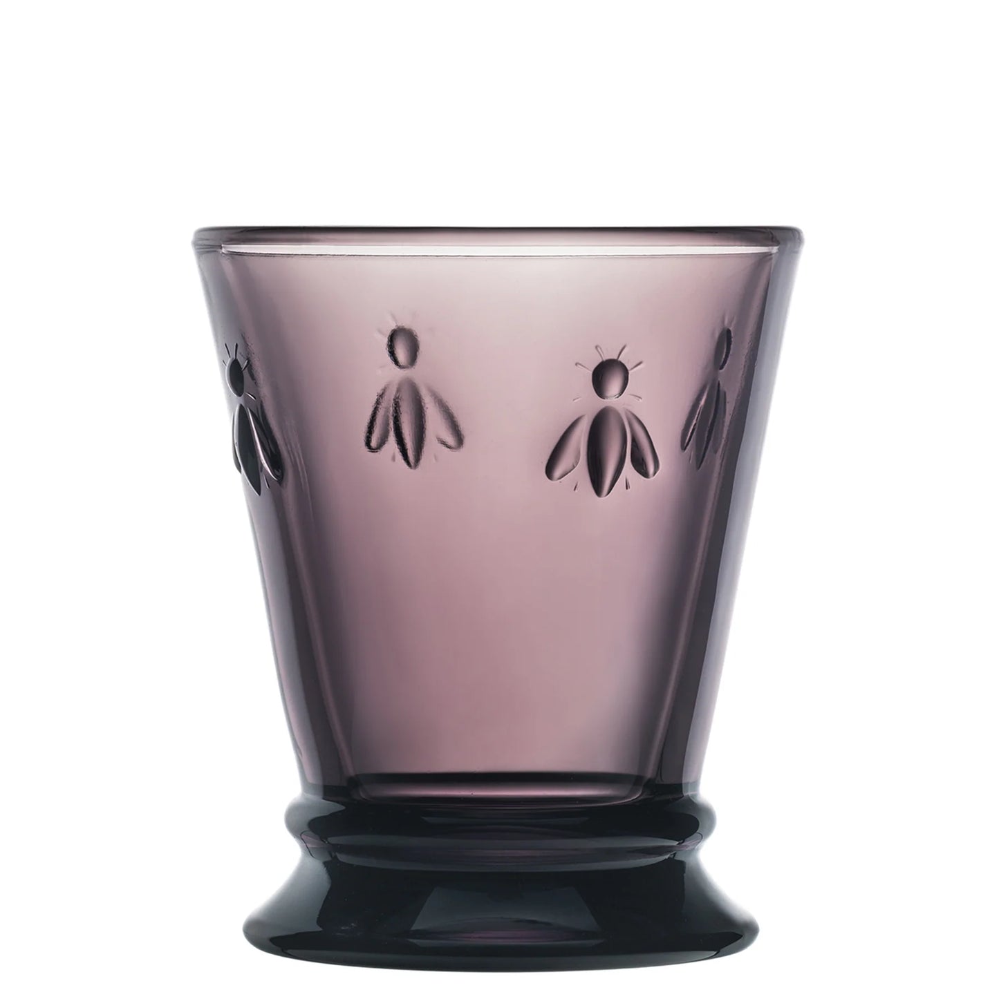Purple glass tumbler with embossed bee designs and a flared base