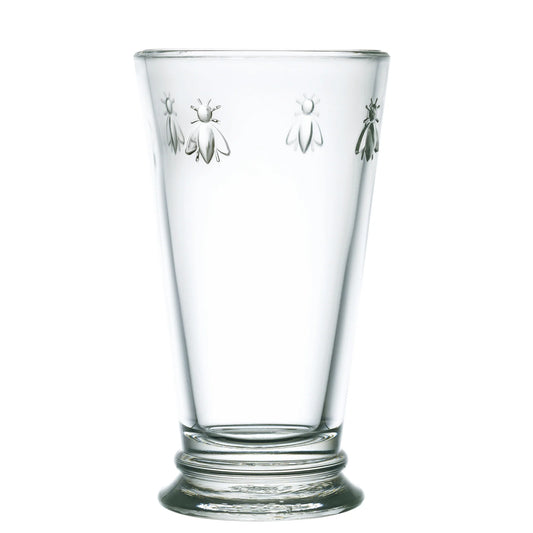 Clear glass highball with embossed bee designs near the rim on a flared base
