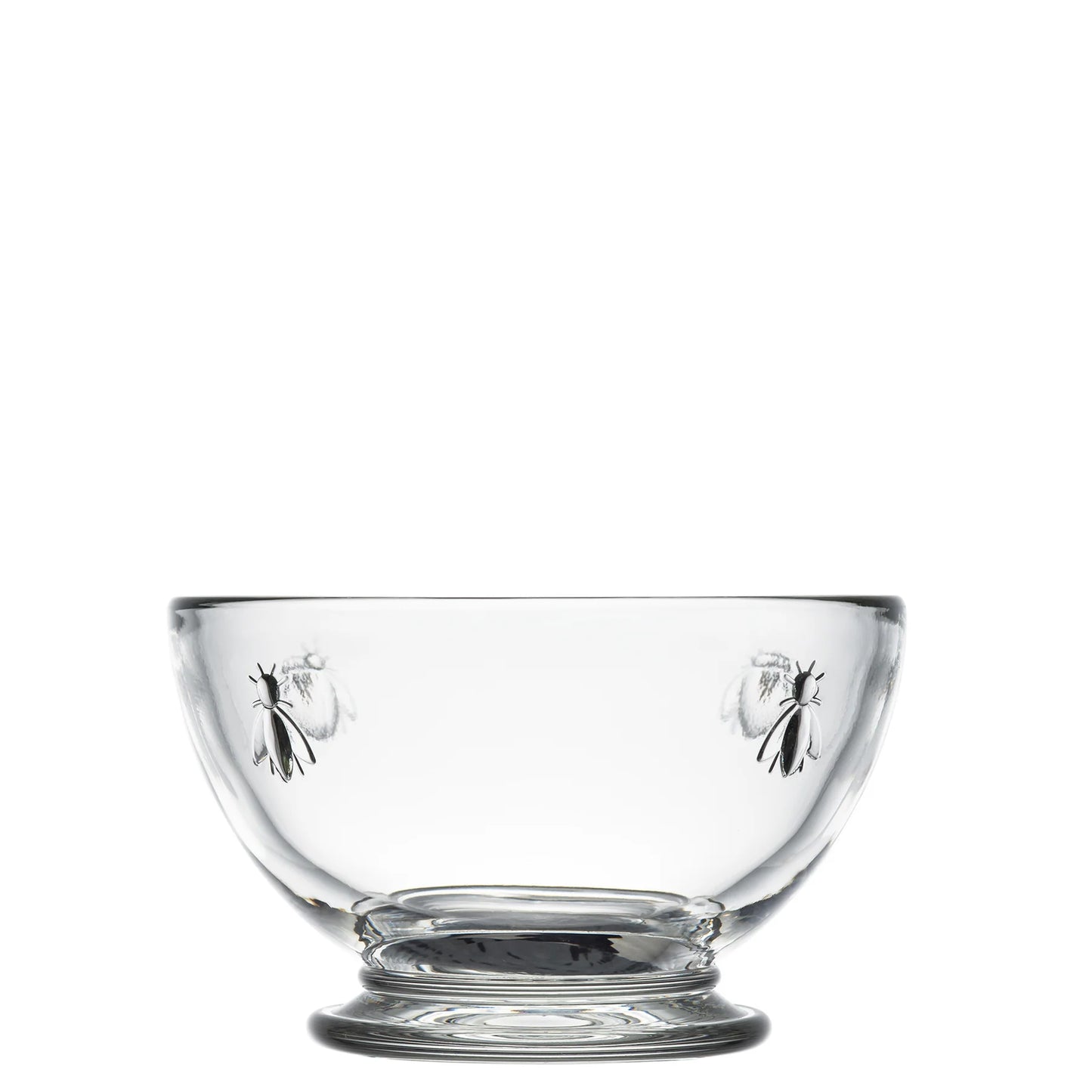 Clear glass mini bowl with raised bee motifs on sides and pedestal base