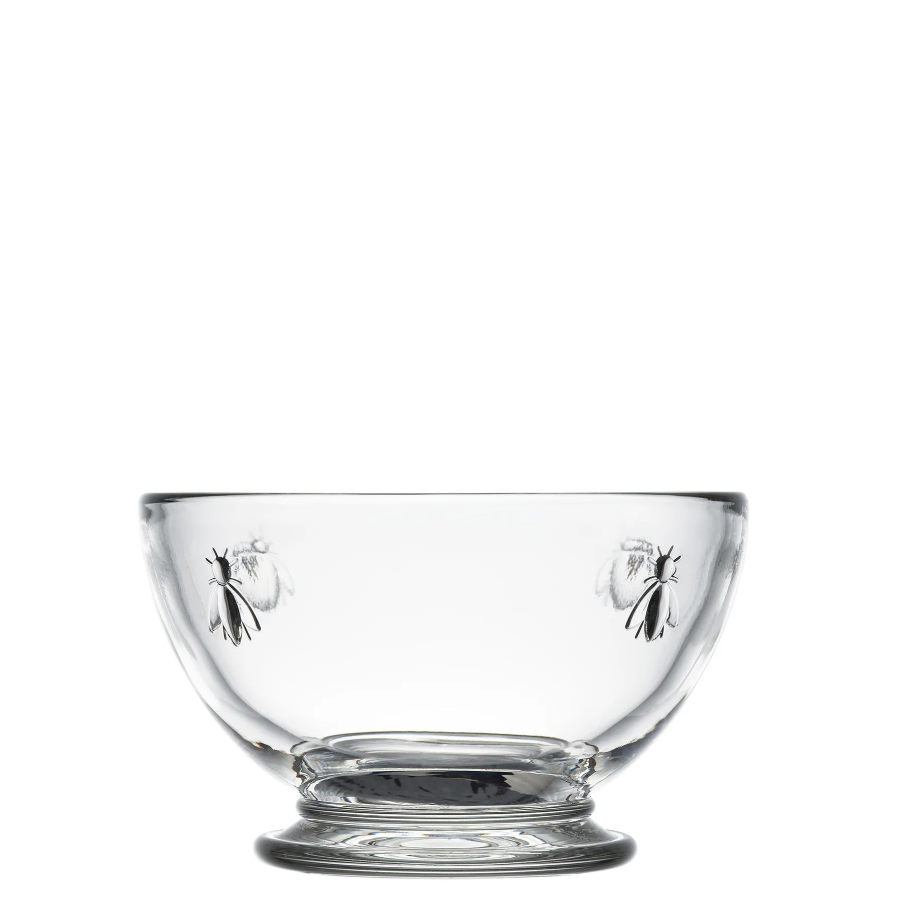 Clear glass mini bowl with raised bee motifs on sides and pedestal base