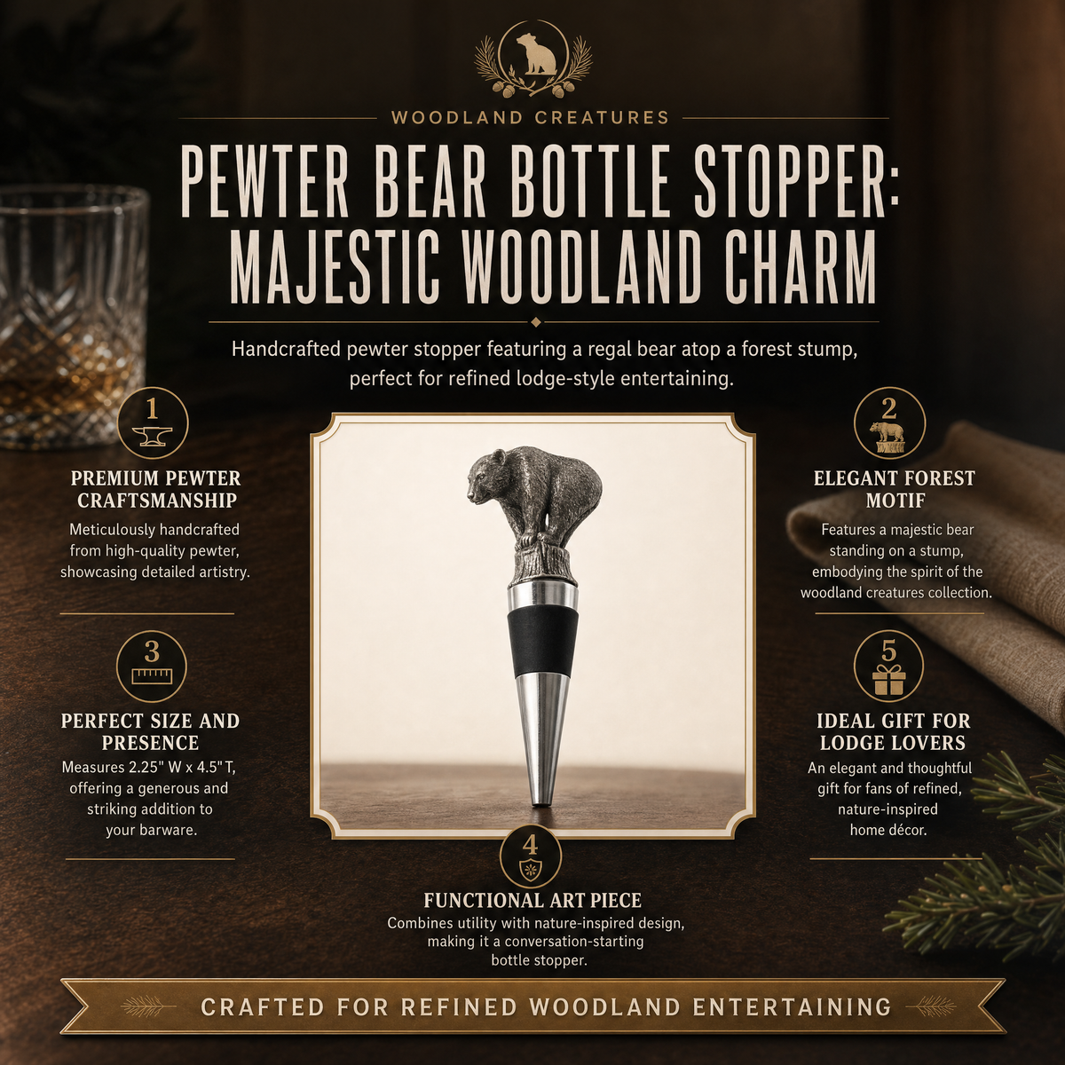 Pewter Bear Bottle Stopper | 4.5 Inch