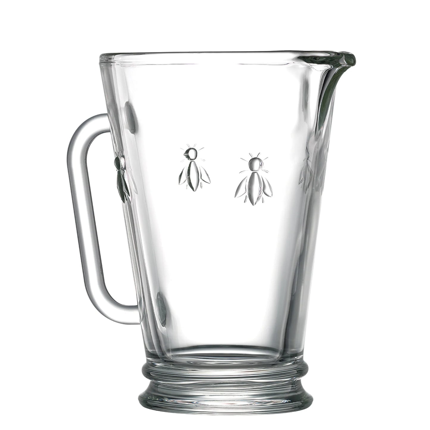 Clear glass pitcher with handle and embossed bee designs on white background