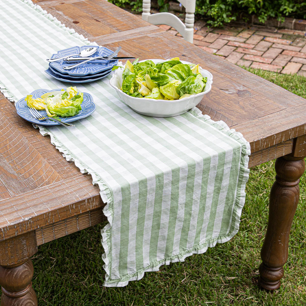 Juliska Gingham Ruffle Table Runner - Seagrass 18" x 90"