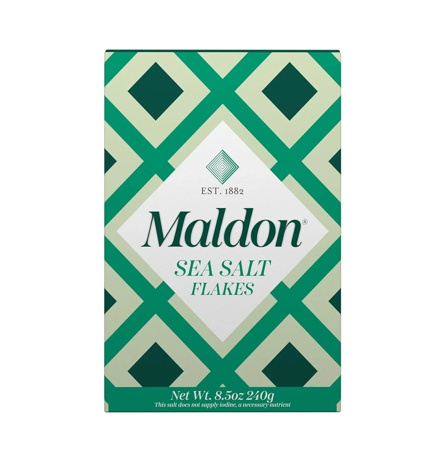 Maldon sea salt flakes box with green geometric pattern, 8.5oz 240g packaging