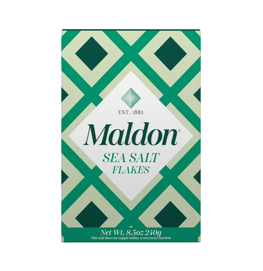 Maldon sea salt flakes box with green geometric pattern, 8.5oz 240g packaging