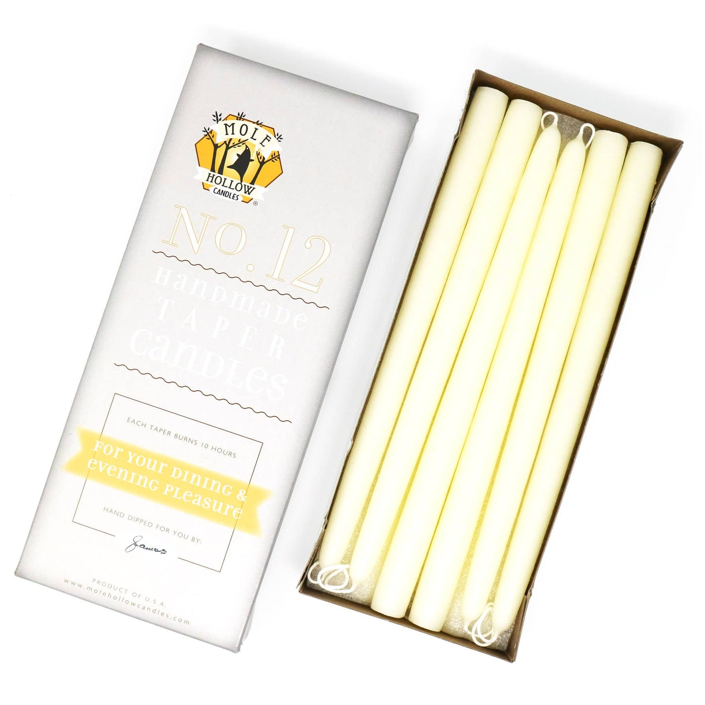 Mole Hollow Hand Dipped Unscented Taper Candles 12"