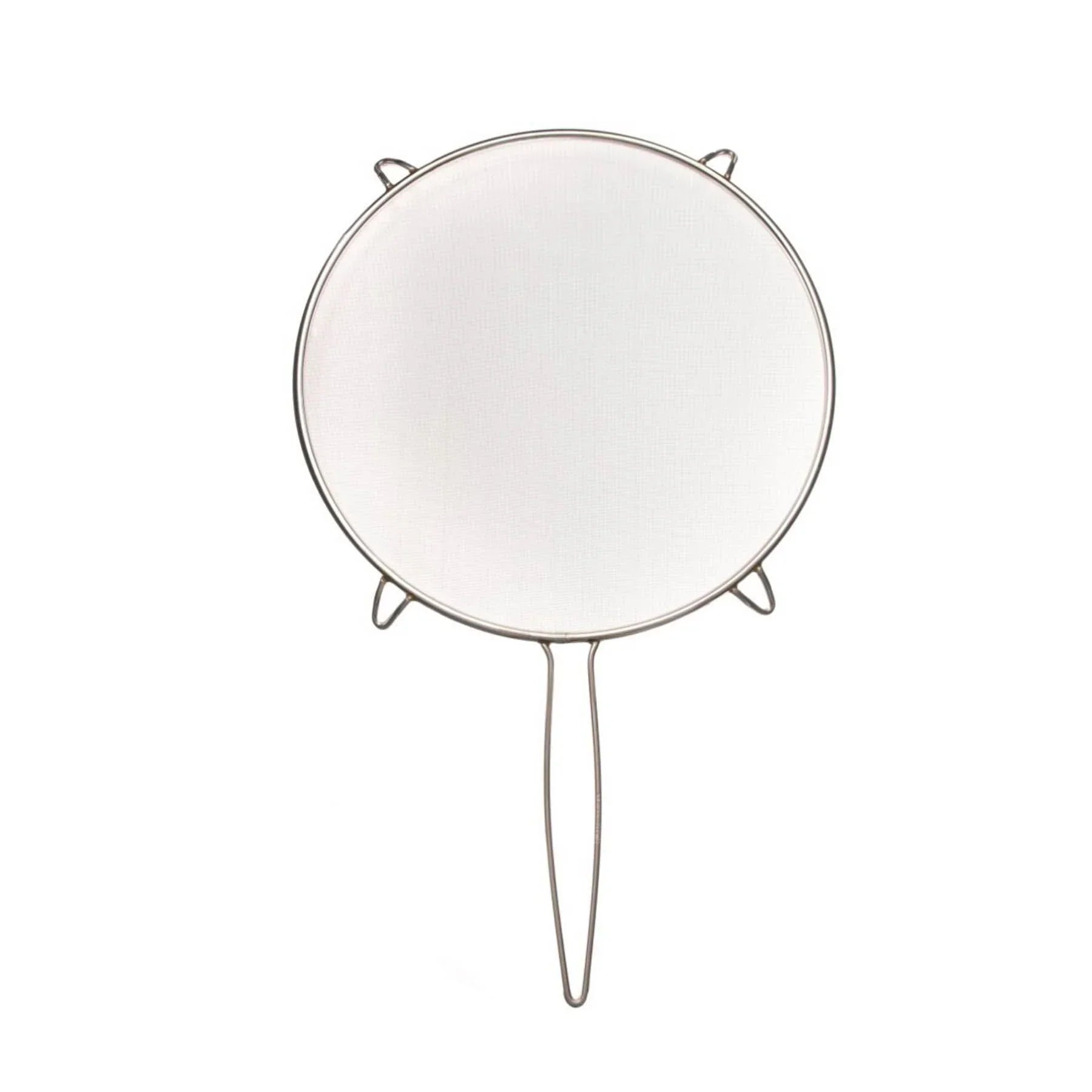 Round stainless steel wire mesh strainer with long handle on white background