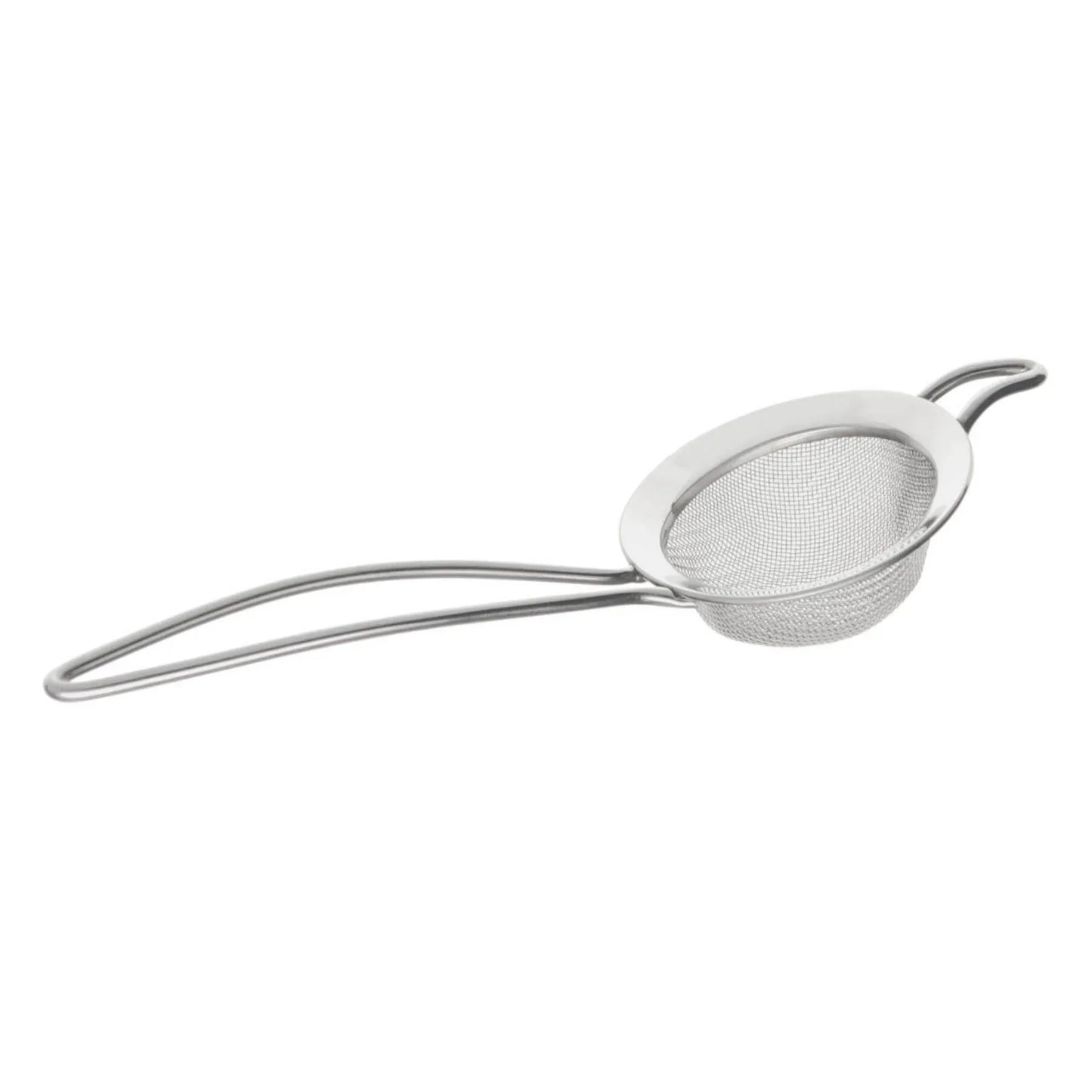 stainless steel fine mesh kitchen strainer with long handle and hook on white background