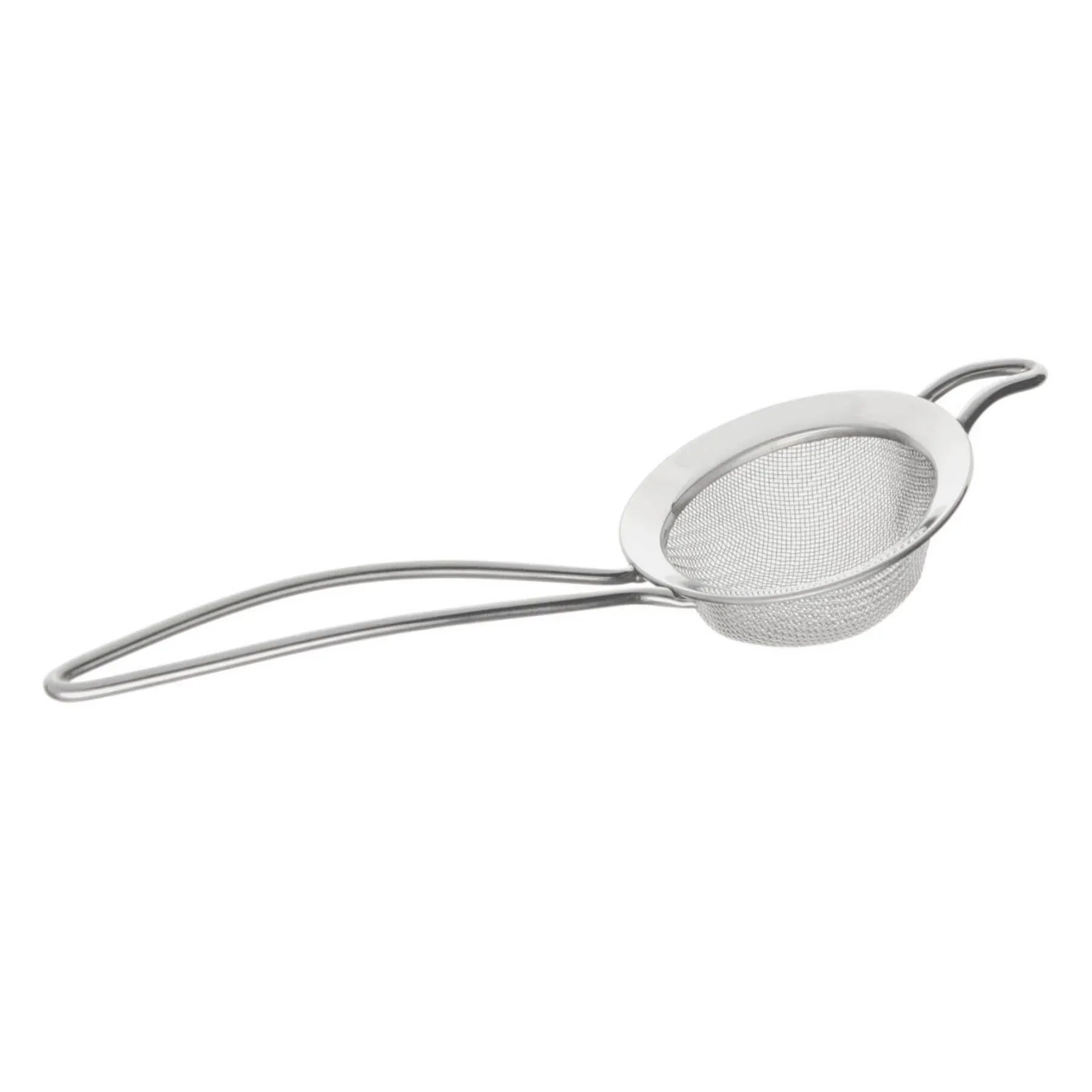 stainless steel fine mesh kitchen strainer with long handle and hook on white background