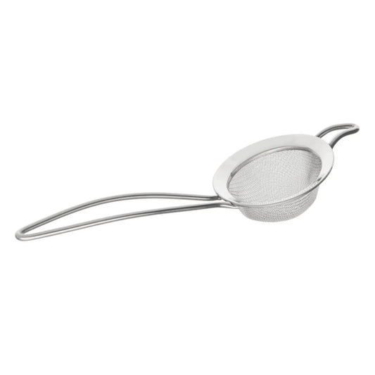 stainless steel fine mesh kitchen strainer with long handle and hook on white background