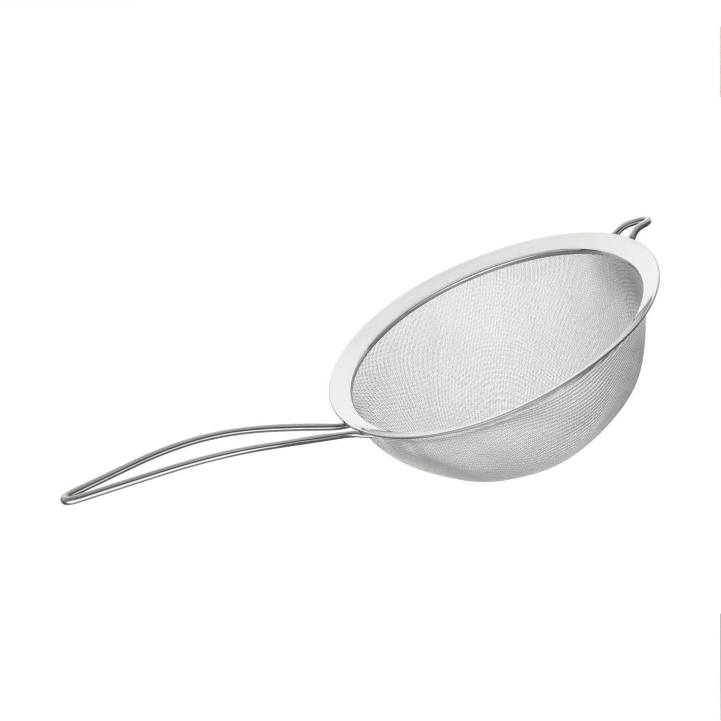 Stainless steel fine mesh strainer with a long handle and hook for kitchen use