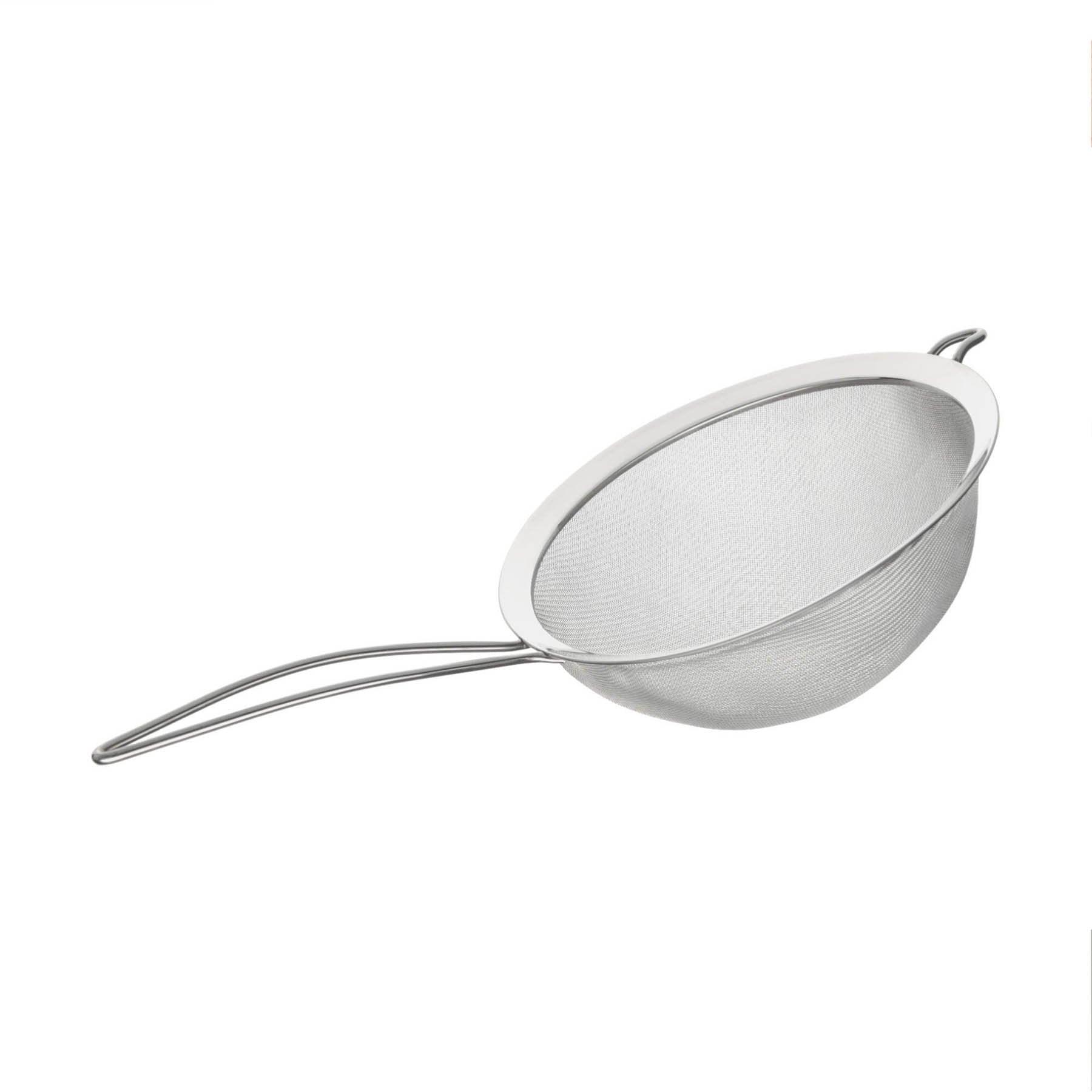 Stainless steel fine mesh strainer with a long handle and hook for kitchen use