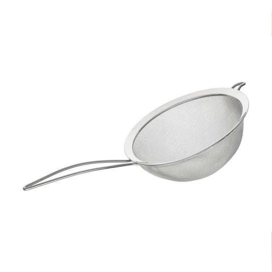 Stainless steel fine mesh strainer with a long handle and hook for kitchen use