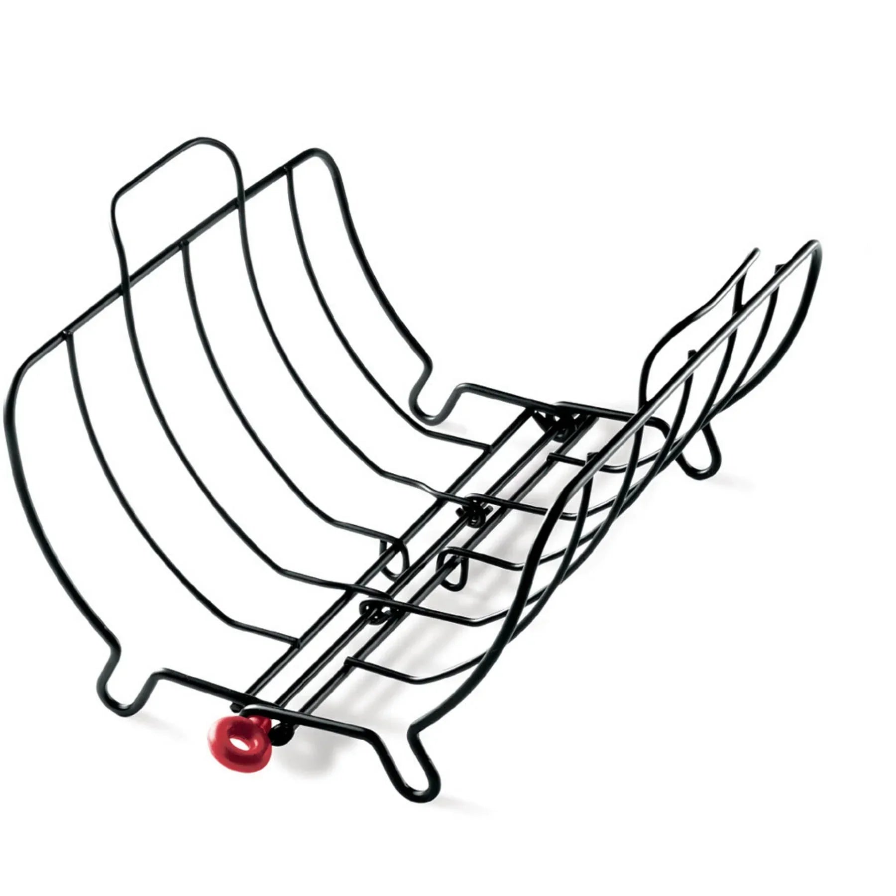 Black metal rib roasting rack with curved wire design and red handle on white background