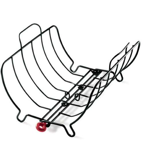 Black metal rib roasting rack with curved wire design and red handle on white background