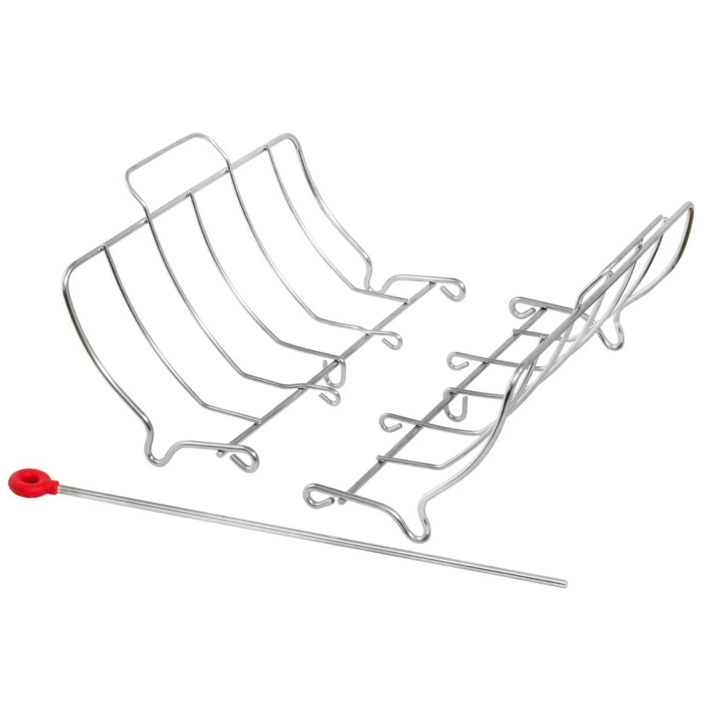 Silver stainless steel rib rack with a red-handled skewer for grilling ribs