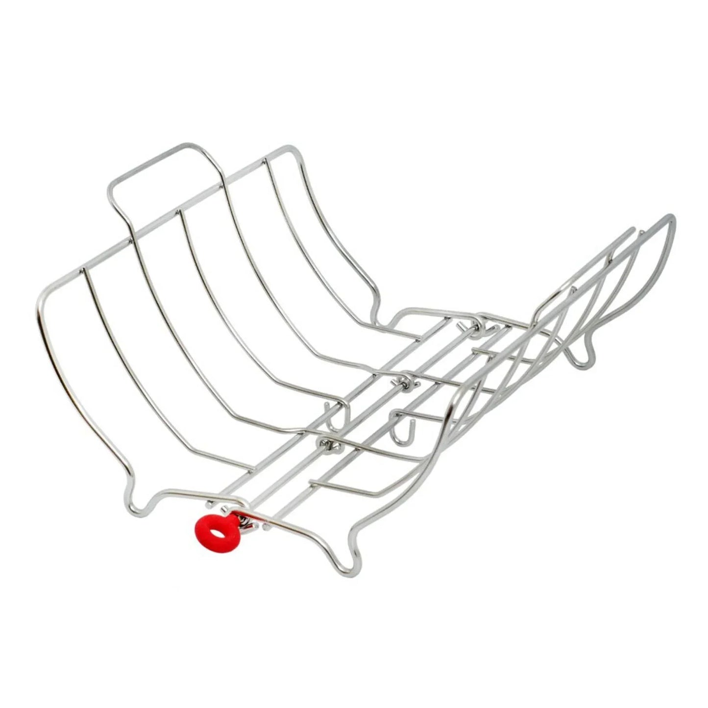 Stainless steel rib rack with curved slots and red handle for grilling or smoking ribs