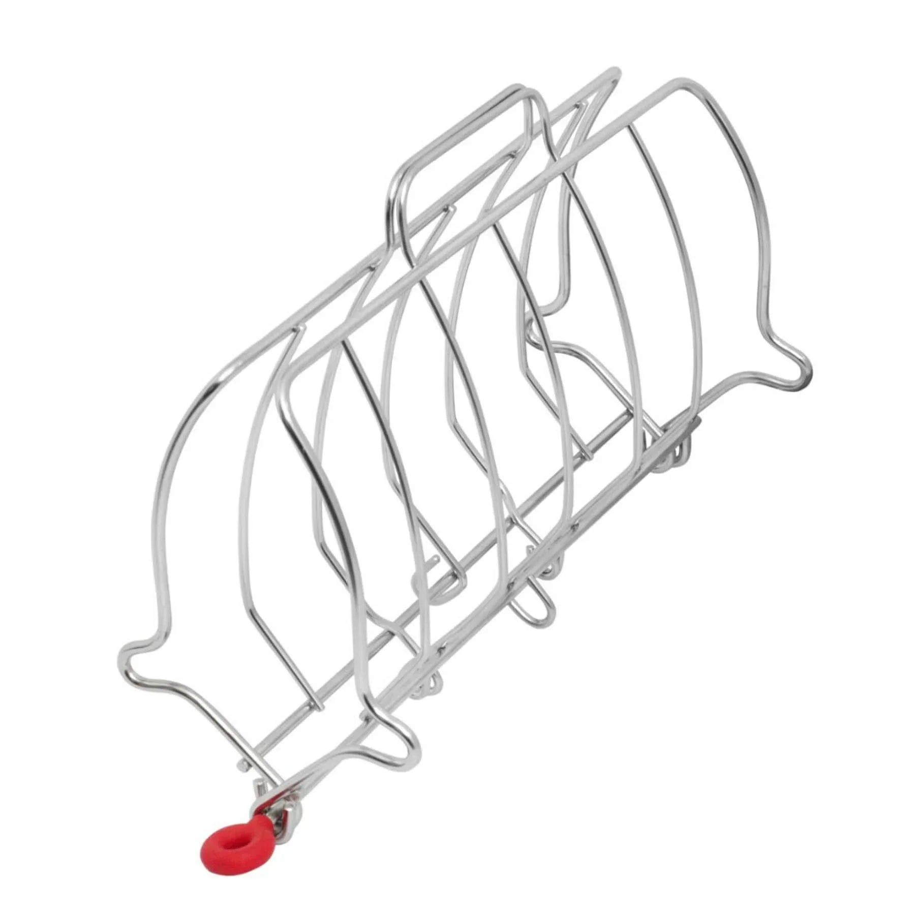 Silver metal toast rack with four slots and a red rubber handle on white background