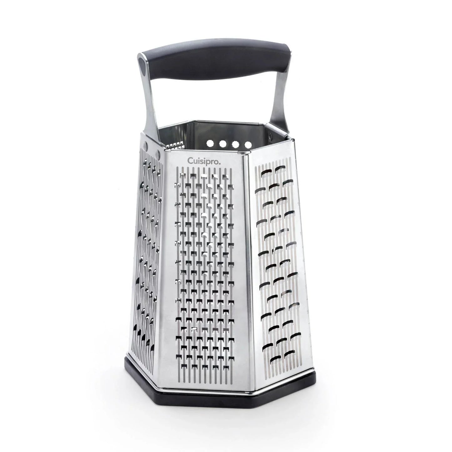 Cuisipro stainless steel box grater with black handle and hexagonal shape for kitchen use