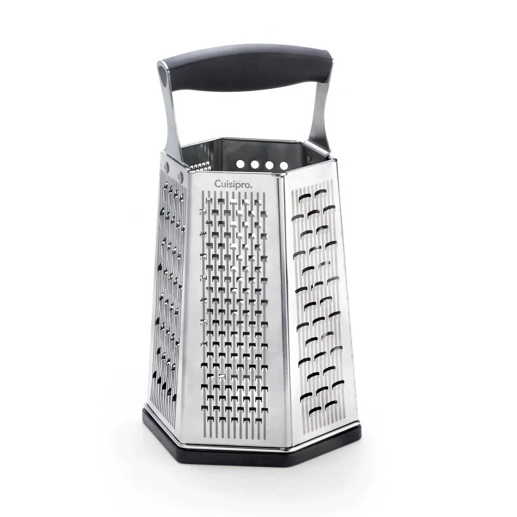 Cuisipro stainless steel box grater with black handle and hexagonal shape for kitchen use