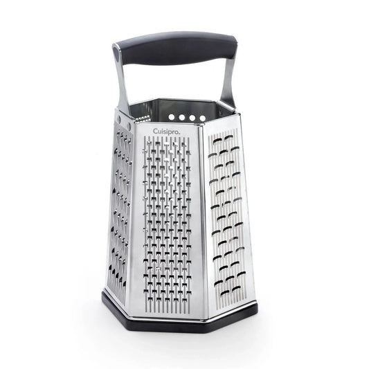 Cuisipro stainless steel box grater with black handle and hexagonal shape for kitchen use