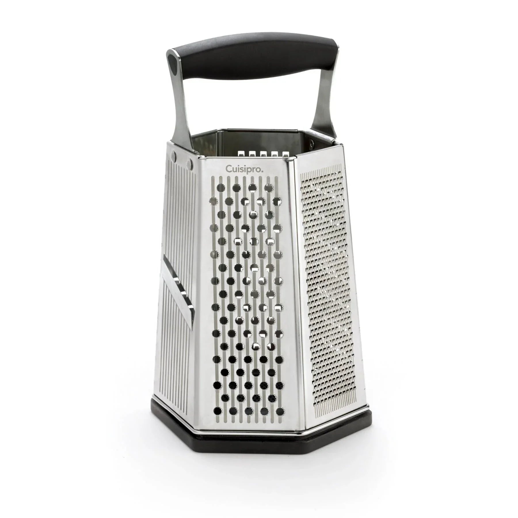 Stainless steel Cuisipro box grater with black handle and base, featuring multiple grating surfaces