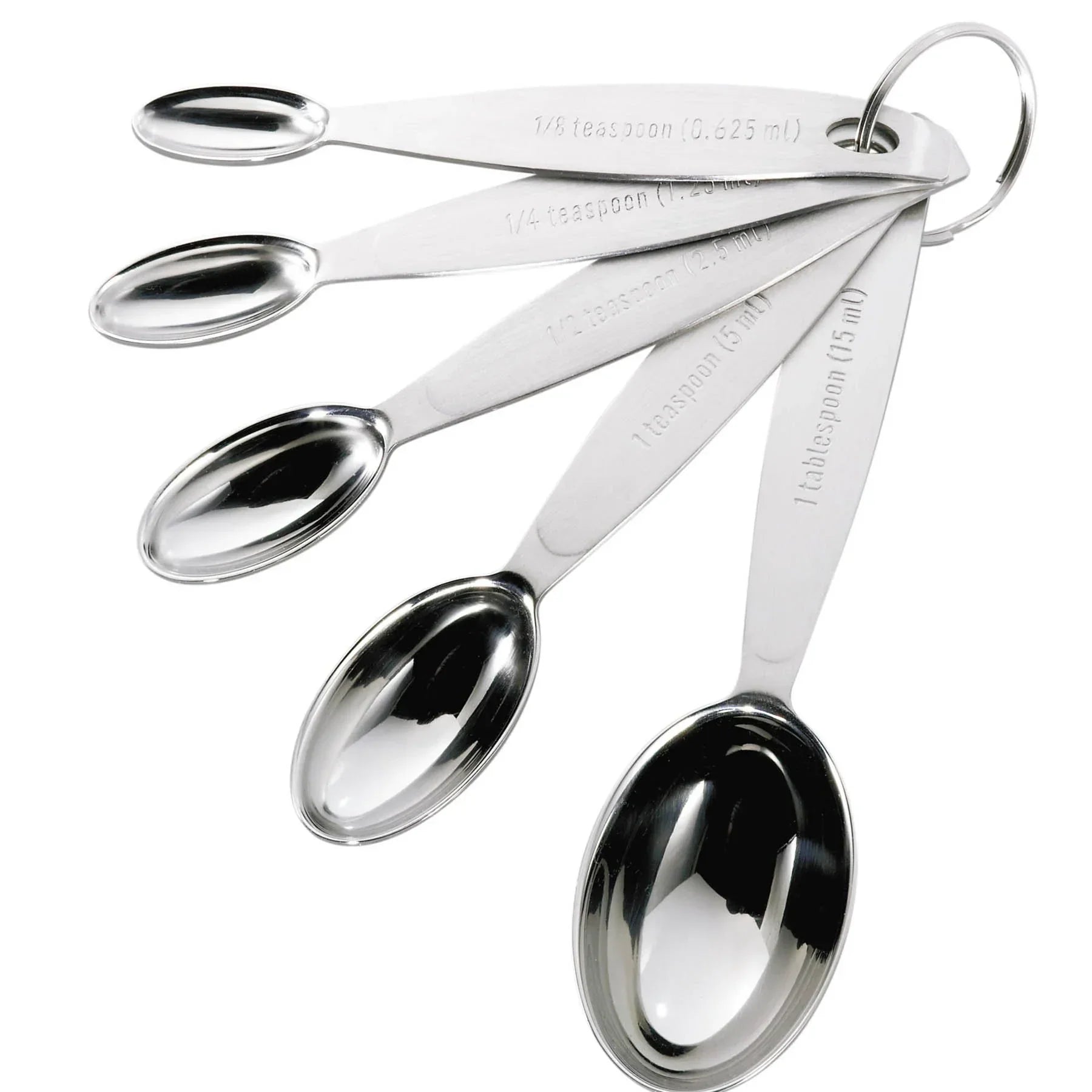 Set of stainless steel measuring spoons on a key ring with 1/8 to 1 tablespoon sizes