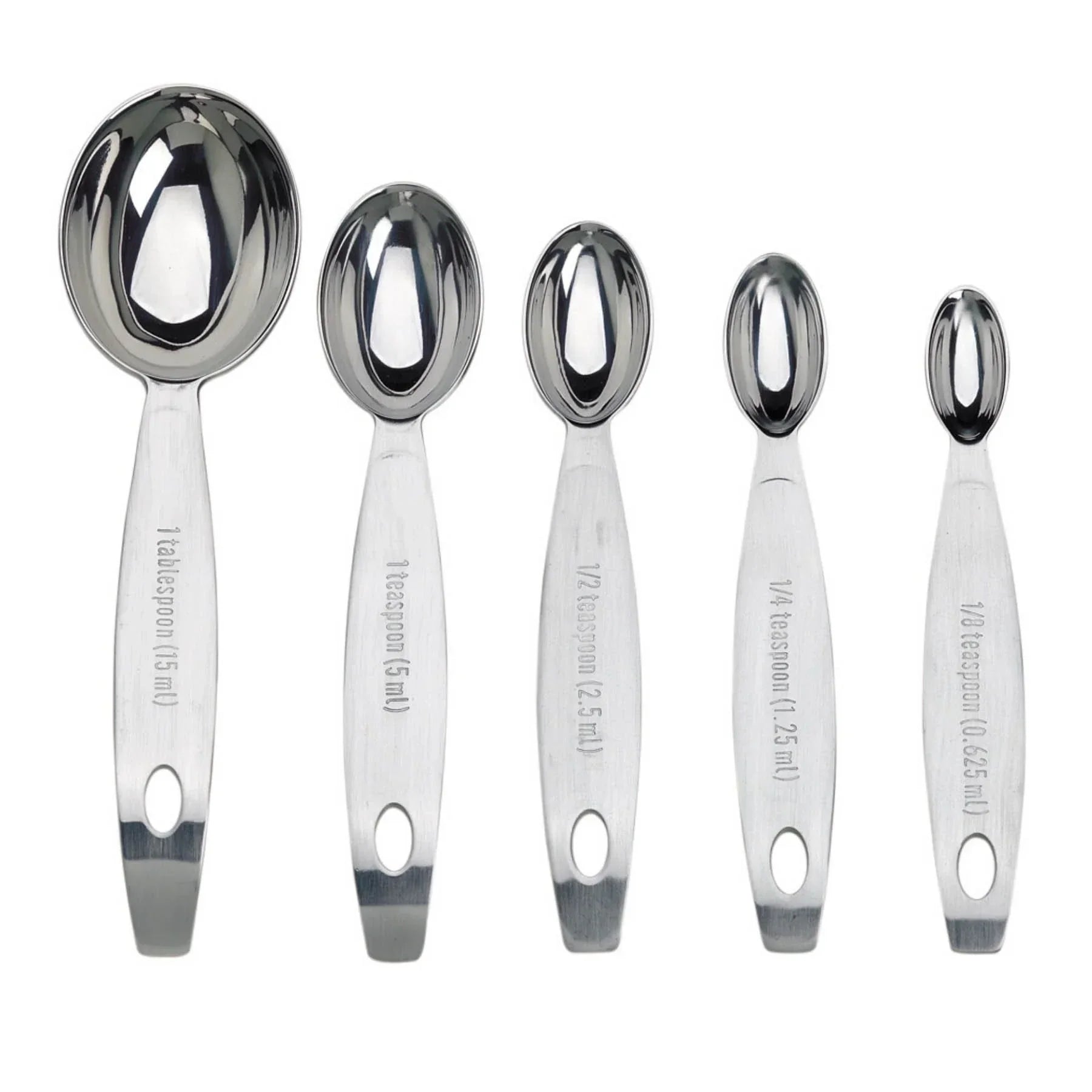 Set of five stainless steel measuring spoons with engraved measurements from 1 tablespoon to 1/8 teaspoon