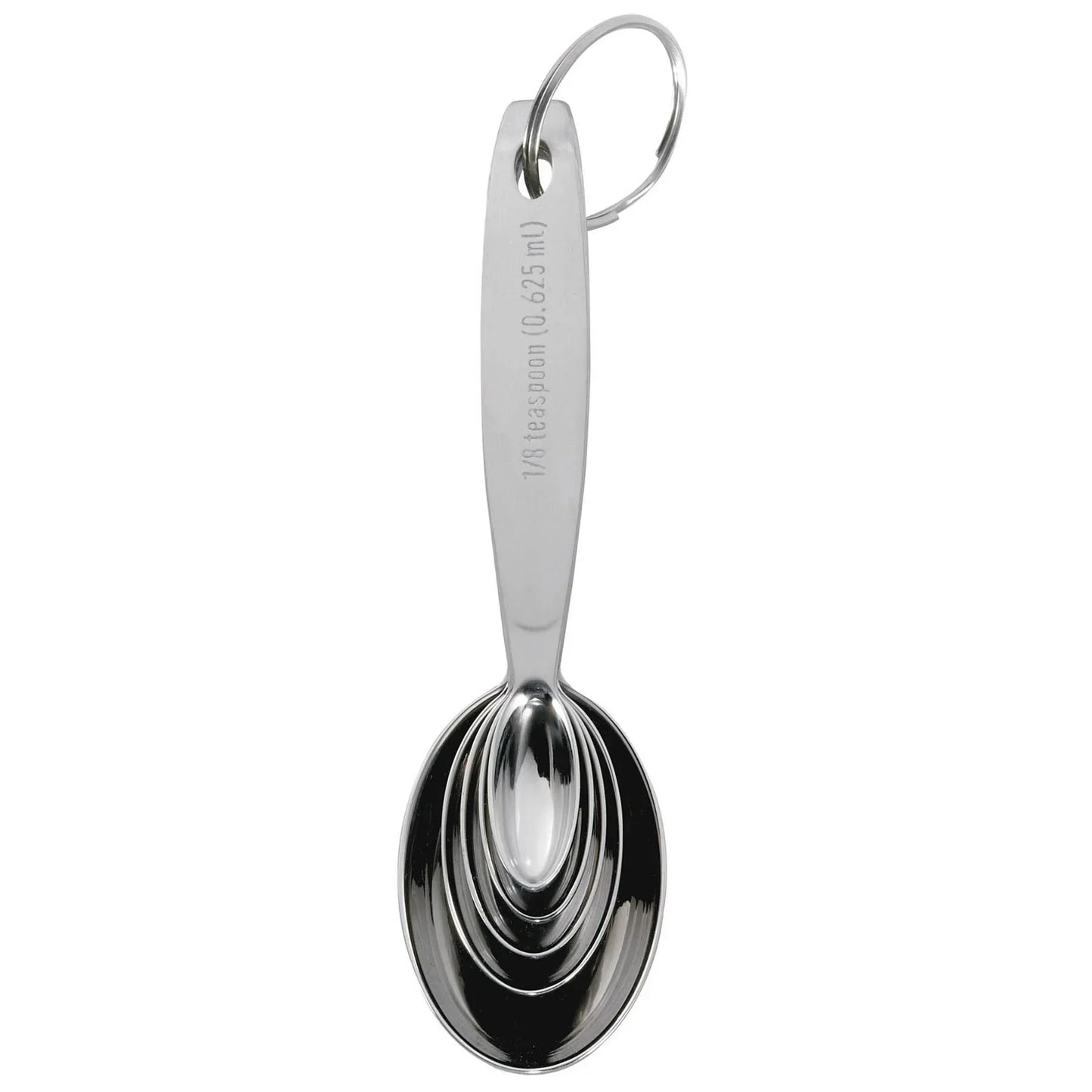 Set of stainless steel measuring spoons with engraved measurements, held together by a ring